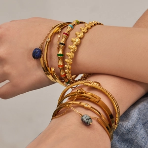Bohemian gold stainless steel bangles with natural stone pendants and enamel bamboo patterns