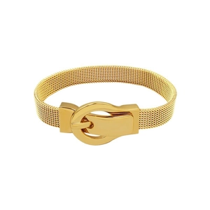 Minimalist gold-plated stainless steel mesh bracelet with magnetic buckle on white background