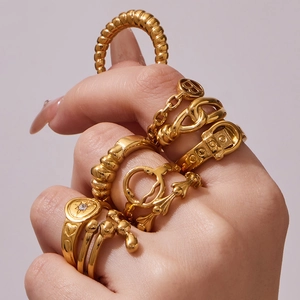 French style gold hollow geometric stainless steel ring set for women's jewelry collection