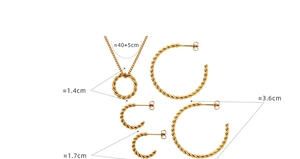 Detail of gold twisted C-shape earrings and ring pendant necklace set with size dimensions