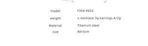 Titanium steel jewelry set specifications showing model F304-P652 weight and dimensions