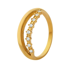 Anillo minimalista de doble capa dorado con circonitas y diseño cruzado