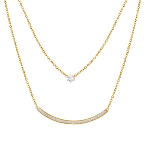 Double-layered gold titanium steel necklace with zircon pendant and smile bar design