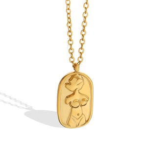 Gold stainless steel oval pendant necklace featuring minimalist female torso relief art