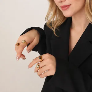 Ensemble de bagues vintage dorées avec œil de tigre naturel et pierre dalmate, réglable