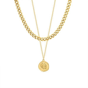 Vintage gold layered necklace with chunky chain and portrait coin pendant