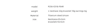 Detailed size chart for titanium steel necklace, bracelet, and zircon earrings set
