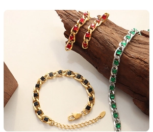 Close-up of colorful zircon jewelry set with K18 gold plating and lobster clasp detail