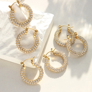 French vintage titanium steel gold hoop earrings with sparkling pave zircon stones