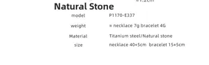 Tabla de especificaciones para collar de acero de titanio y pulsera de piedra