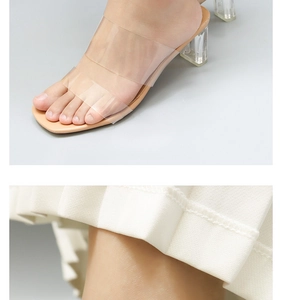 Close-up of clear PVC double strap high heel sandals with transparent acrylic block heel