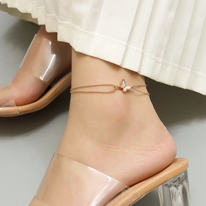 Butterfly Anklet Titanium Steel 18K Gold Plated Double Layer Bead Chain White Mother Of Artificial Pearl Pendant For Women Jewelry