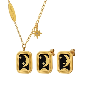 Parure de bijoux dorés style français avec collier lune étoile et boucles d'oreilles