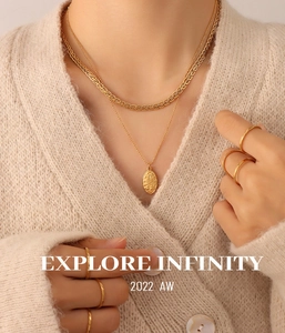 Detail of gold layered chain necklace set with oval medallion and minimalist rings