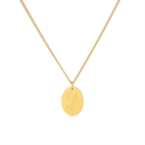 Collana in acciaio inossidabile placcato oro 18k con pendente ovale a rosa e farfalla