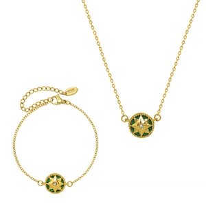 18K gold plated starburst necklace and bracelet set with green malachite and zircon