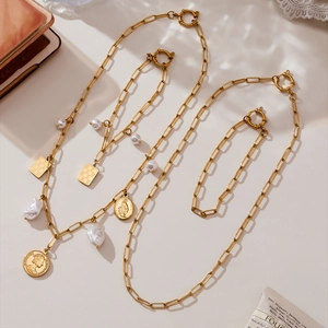 Gold paperclip chain jewelry set with baroque pearls and Elizabeth II coin pendants