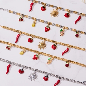 Bohemian style 18k gold plated ball chain bracelet set with fruit and sun charms