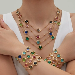 Luxury Stainless Steel Square Glass Stone Jewelry Set Women Gold Silver Color Necklace Bracelet Earrings Fashion Accessory