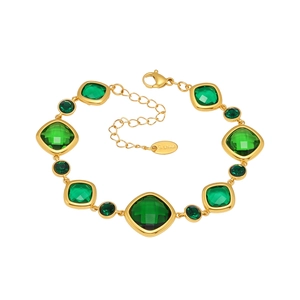Pulsera de acero inoxidable dorado con piedras de cristal verde y cadena ajustable