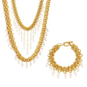 Parure de bijoux en chaîne dorée avec glands de perles blanches, collier et bracelet