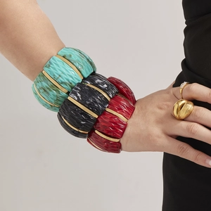 Chunky resin cuff bracelets with gold metal spacers and marble patterns for women