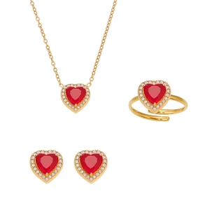 Luxurious stainless steel jewelry set with red heart zircon stones and gold plating