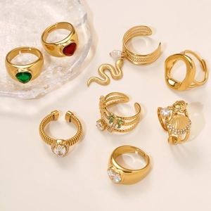Golden ring set featuring heart zircon, tropical coconut tree and pearl charms