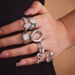 Vintage zilveren ringenset met hart-zirkonia, zeeschildpad en slanghangers aan hand