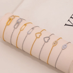 5A zircon safety pin and heart pendant double layer bracelets in gold and silver finish