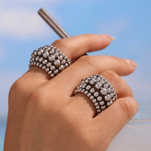Exaggerated Layered Stainless Steel Bead Ring For Women 18K Gold Plated Chunky Multi-Row Ball Statement Open Finger Ring
