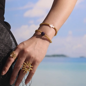 18k gold plated beaded bracelet with natural agate, cross pendant and sun ring set