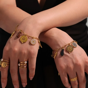 Bohemian dopamine enamel charm bracelets and golden rings set for summer holiday jewelry