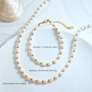 Baroque freshwater pearl necklace and bracelet set with K18 gold-plated accents