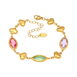 Bracelet vintage français plaqué or 18k avec pierres de verre en forme de cœur