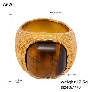 Detail view of gold stainless steel tiger eye ring with dimensions and weight specs