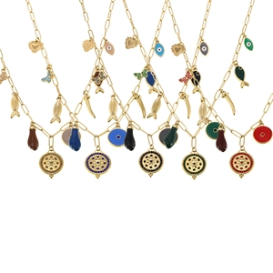 Gold stainless steel necklace set with colorful enamel heart, eye and fish pendants