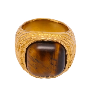 18K gold plated stainless steel ring with square tiger eye stone and braided texture