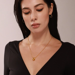 Stainless Steel Gold Plated Pebble Pendant Necklace With Colored Cubic Zirconia Wave Geometric Ring For Women Jewelry Gift