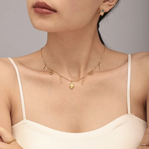 Gold-plated stainless steel charm necklace and colorful gemstone hoop earrings jewelry set