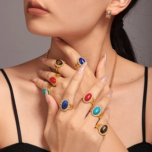 Bohemian gold-plated gear ring set with colorful zircon and natural oval stones