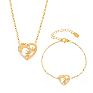 Parure de bijoux cœur soleil et lune en acier inoxydable doré avec pierres zircons