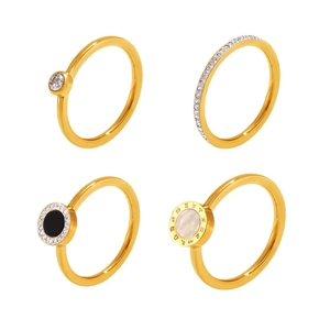 Luxuriöses Edelstahl-Ring-Set in Gold mit funkelndem Zirkonia und Muschel-Inlay