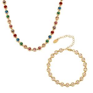 Colorful gemstone necklace and white zircon bracelet set in 18K gold plated stainless steel
