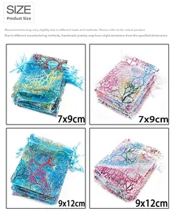 Detailed size comparison chart for drawstring organza jewelry bags in 7x9cm and 9x12cm