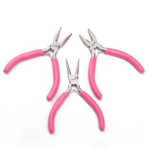 Three-piece pink glitter handle jewelry tool set with round, needle, and side cutting pliers