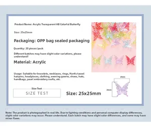 Detailed view of 25mm iridescent acrylic butterfly beads with size specs for DIY jewelry