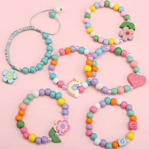 Set of 6 colorful 8mm wooden bead bracelets for kids with heart and flower charms
