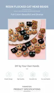 Detail of cute flocked resin cat head beads for DIY jewelry making in a white ceramic dish
