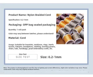 Detailed size test for colorful nylon braided cords in metallic and gradient shades